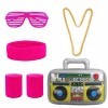 HAKOTOM Lot de 6 accessoires de déguisement des années 80 avec boîte gonflable, bandeau rose, rouge, lunettes, collier doré p