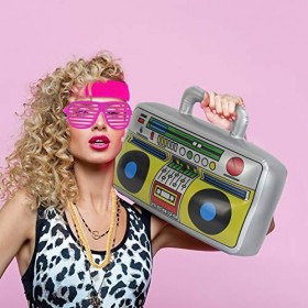 HAKOTOM Lot de 6 accessoires de déguisement des années 80 avec boîte gonflable, bandeau rose, rouge, lunettes, collier doré p