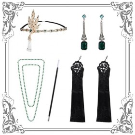 Accessoire Année 20 Femme,5 Pièces 1920 Gatsby Accessoires Gatsby Costume Set Bandeau Collier Gants Boucles doreilles et Por