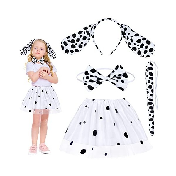 Fennoral 4pcs Ensemble de Costume Dalmatien Chien Dalmatien Carnaval Chien Costume pour Filles - Cornes de Chien Bandeau Noeu