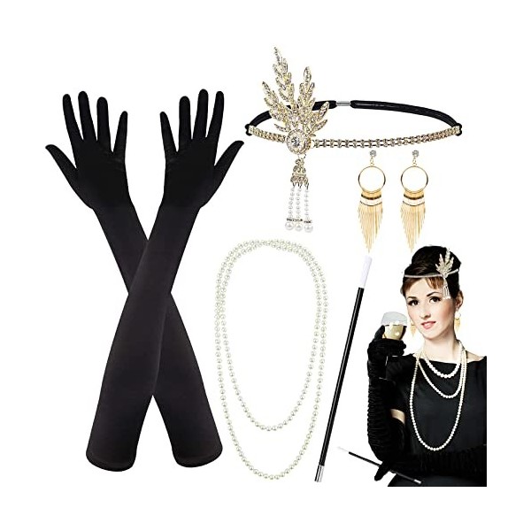 Aurasky Accessoire Annee 20 Femme, Costume Accessoires Avec Bandeau Collier Gants Doreilles, Deguisement Vintage Femmes Anné