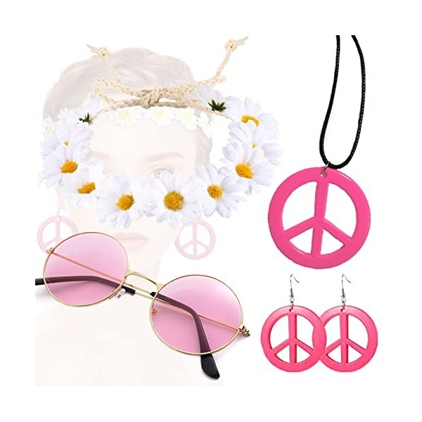 5 Pièces Accessoires de Costume Hippie, Ensemble de Costume Hippie, Collier et Boucles DOreilles Signe de Paix, Lunettes de 