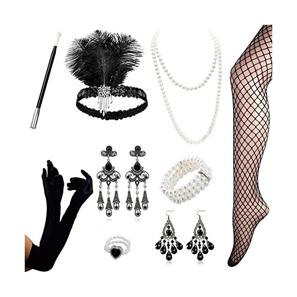 Accessoires Années 20 Pour Femme - Déguisement Charleston / Gatsby - Inclut Gants, Bijoux, Bandeau Plumes, Châle - Pour Fêtes Vintage