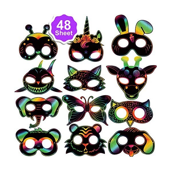 Qpout 48pcs Masques à gratter Animaux pour Enfants, pour Enfants Fille Garçon Anniversaire de Pâques Halloween Jeu de Noël Ac