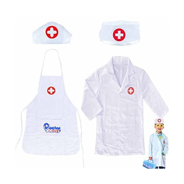 DONGZQAN 4 Pi ces Deguisement Docteur Enfant Costume Jeux Enfant Docteur Set Docteur Enfant Lab Coat Infirmi re Tablier