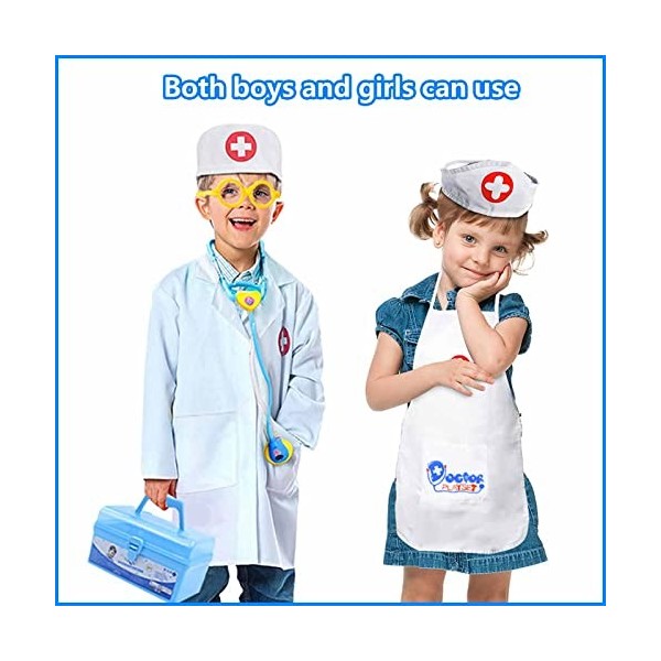 DONGZQAN 4 Pièces Deguisement Docteur Enfant, Costume Jeux Enfant Docteur, Set Docteur Enfant, Lab Coat Infirmière Tablier + 