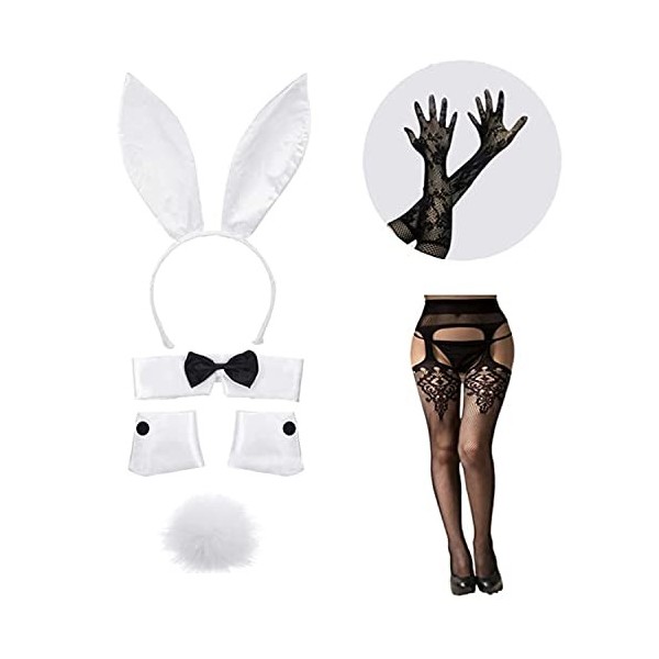 KAYLRE Ensemble daccessoires de lapin pour femme - Bandeau oreilles de lapin - Collier - Nœud papillon - Manchettes - Queue 