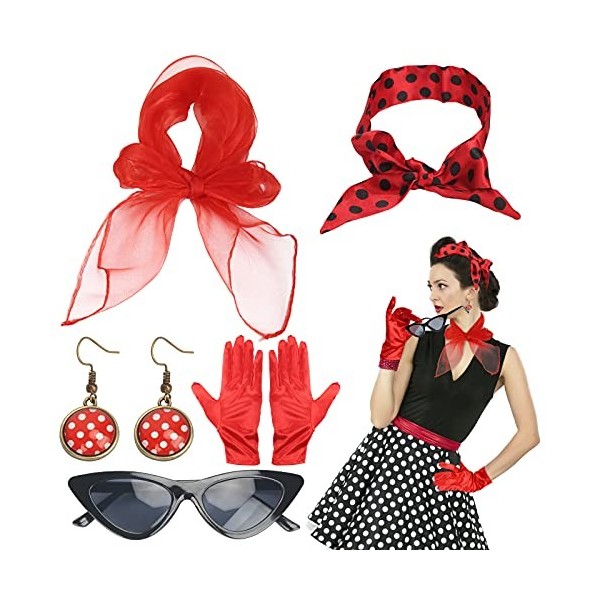 LOPOTIN Années 50 Costume Accessoires, Années 50 Femmes Costume 5 Pcs Ensemble à Pois Écharpe Gant Boucle Oreille Bandeau pou