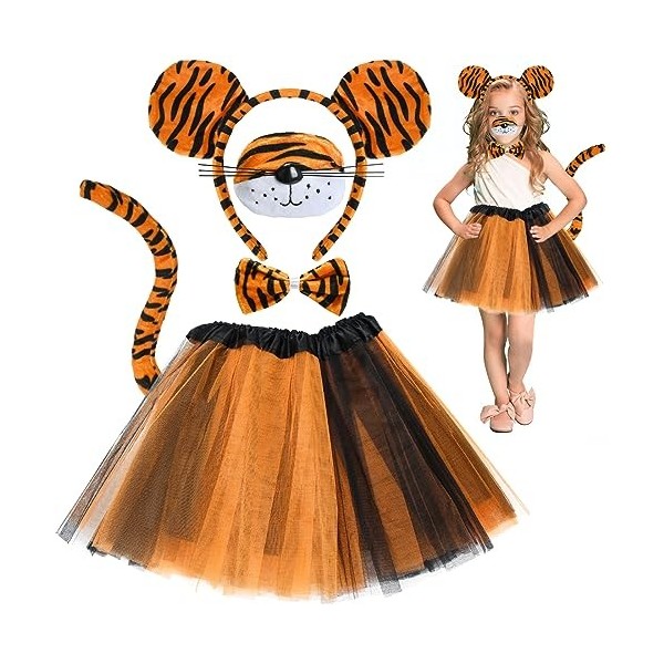 Déguisement Animaux Enfant,Costume de Tigre Fille,Deguisement Animal Tutu Jupe avec Serre Tête Oreille+ Nez +Noeud Papillon+Q