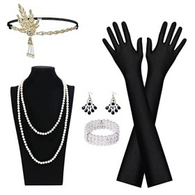 Aomig 1920 Accessories, 6 Pièces 1920s Accessoires de Déguisement, Costume Set Headband, Collier, Long Gants, Boucles doreil