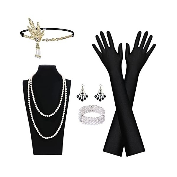 Aomig 1920 Accessories, 6 Pièces 1920s Accessoires de Déguisement, Costume Set Headband, Collier, Long Gants, Boucles doreil