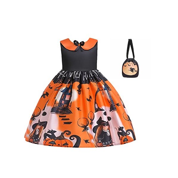 Costume Halloween Citrouille Orange Fille Princesse Robe Fille Déguisement Halloween Fête Accessoire Sac Déguisement Hallowee