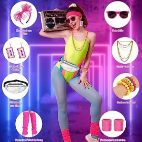 BuYupop Déguisement Année 80,Sac de taille argenté pour femmes,Collier à quatre couleurs,Bracelets,Combinaison de cuisses,Ban
