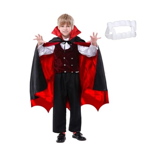 Meleager Deguisement Vampire Enfant, Cape Halloween avec Dent de Vampire, Costume Diable pour Garçons et Filles comme Accesso