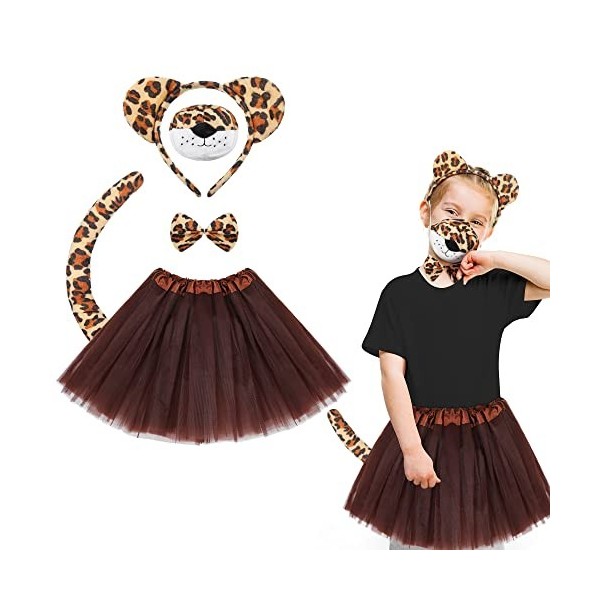 Marsui Set de Costume de Tigre Léopard de Carnaval Jupe Tutu Bandeau dOreille de Tigre Léopard Queue Noeud Papillon Nez Acce