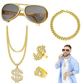 Kit de Costume de Hip Hop Homme Années 90 80 Rappeur pour Accessoires Bague Dollar Collier Bracelet en Or Lunettes de Soleil 