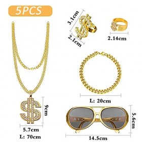 Kit de Costume de Hip Hop Homme Années 90 80 Rappeur pour Accessoires Bague Dollar Collier Bracelet en Or Lunettes de Soleil 