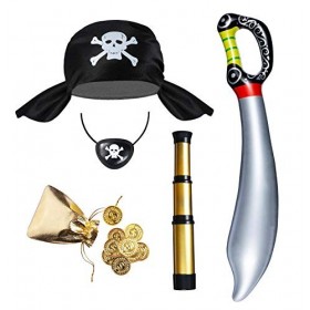 VVDCOS Déguisement de Pirate Enfants Garçons Pirate Déguisement Accessoires Cache-oeil Chapeau Télescope Pirate Sabre Pièce D