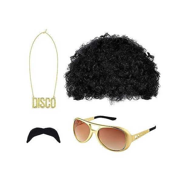 SKHAOVS 4 Pièces Ensemble de Costume Hippie, Hippie Perruque, Perruque Afro Funky, Hippie Accessoires Homme, Moustache et Col