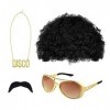 SKHAOVS 4 Pièces Ensemble de Costume Hippie, Hippie Perruque, Perruque Afro Funky, Hippie Accessoires Homme, Moustache et Col