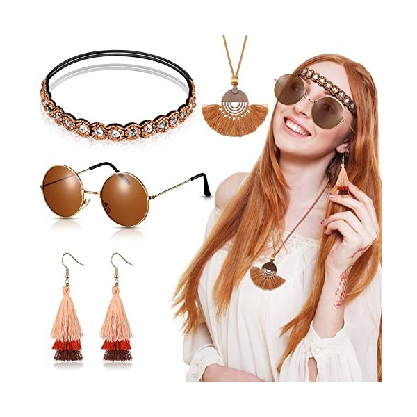 Photect 4 Pcs Set dAccessoires de Costume Hippie Fantaisie Comprenant Bandeau Boho Lunettes de Soleil Rondes Vintage Collier