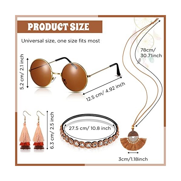 Photect 4 Pcs Set dAccessoires de Costume Hippie Fantaisie Comprenant Bandeau Boho Lunettes de Soleil Rondes Vintage Collier