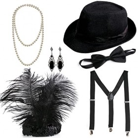 6 Pièces 1920s Accessoires Set, Annee 20 Costume Accessoires, Femmes Bandeau, Collier et Boucles doreilles avec Hommes Chape