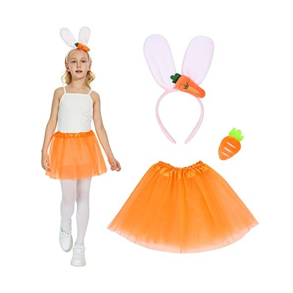 Hereneer Déguisement Lapin pour Filles, 3 Pcs Animaux Enfant Tutu Jupe, Tête Bandeau Oreilles de Lapin, Queue Peluche Costume