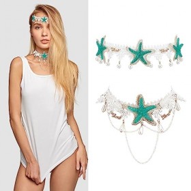 NICENEEDED 2 PCS Starfish Hair Bands Collier Ensemble, Accessoires de Déguisement de Sirène, Bohème Océan Bandeau et Collier 