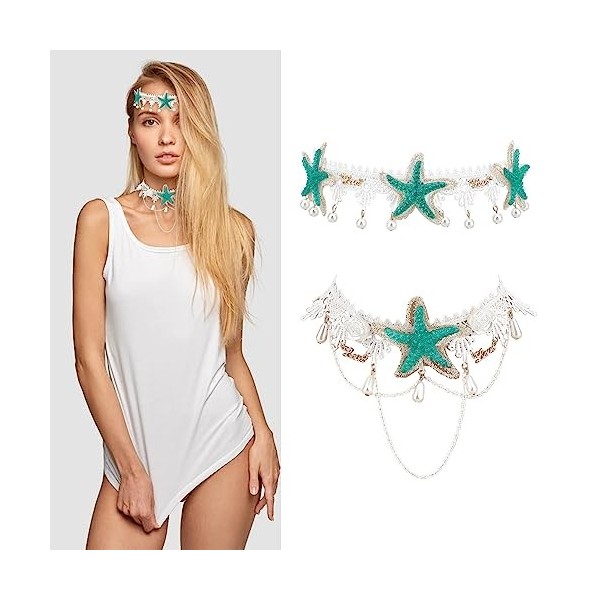 NICENEEDED 2 PCS Starfish Hair Bands Collier Ensemble, Accessoires de Déguisement de Sirène, Bohème Océan Bandeau et Collier 