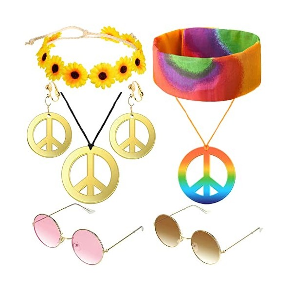 YeahBoom Ensemble de Costume Hippie,Collier et Boucles dOreilles Signe de Paix, Lunettes de Soleil, Fleurs Couronne Bande de