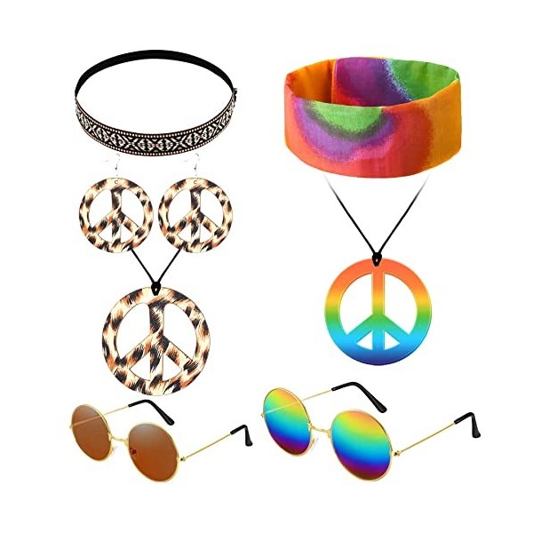 YeahBoom Ensemble de Costume Hippie,Collier et Boucles dOreilles Signe de Paix, Lunettes de Soleil, Fleurs Couronne Bande de