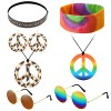 YeahBoom Ensemble de Costume Hippie,Collier et Boucles dOreilles Signe de Paix, Lunettes de Soleil, Fleurs Couronne Bande de