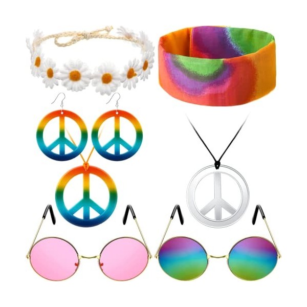 YeahBoom Ensemble de Costume Hippie,Collier et Boucles dOreilles Signe de Paix, Lunettes de Soleil, Fleurs Couronne Bande de