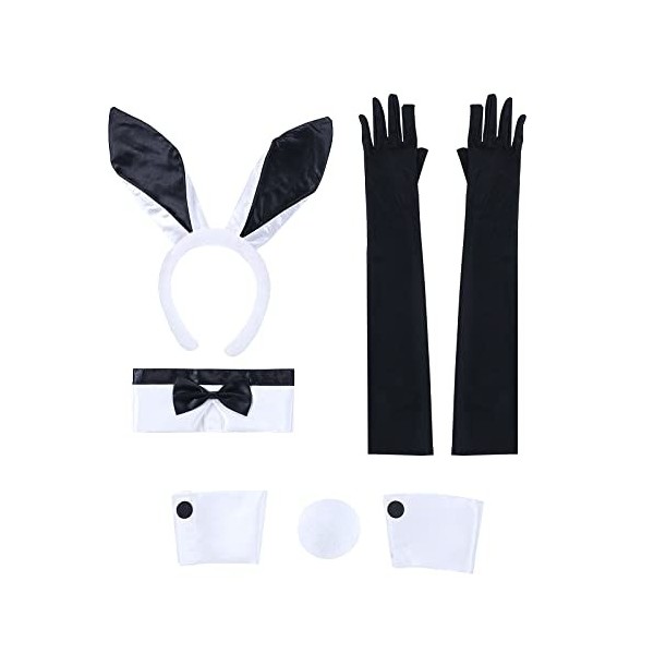 Bunny Costume set pour Femmes Deguisement Lapin adulte, Ensemble daccessoires de lapin avec bandeau oreilles de lapin, nœud 