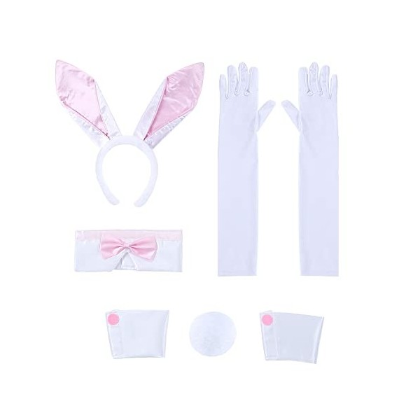 Bunny Costume set pour Femmes Deguisement Lapin adulte, Ensemble daccessoires de lapin avec bandeau oreilles de lapin, nœud 