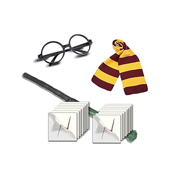 Costume de Magicien,Lunettes de Sorcier,magique Tatouage,Baguette, magique Foulard, Kit daccessoires Deguisement Enfant pour