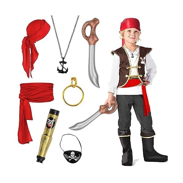 JORAKI Costume Pirate Enfants, 7 Pièces Costume Pirate Déguisement Pirate Accessoires avec foulard pirate ceinture boucles d
