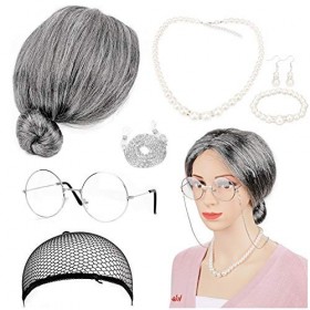 HOWAF Grand-Mère Perruque Grise Vieille Dame Déguisement Accessoire avec Perruque, Lunettes Madea Granny, Sangle de Chaîne de