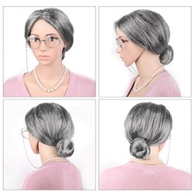HOWAF Grand-Mère Perruque Grise Vieille Dame Déguisement Accessoire avec Perruque, Lunettes Madea Granny, Sangle de Chaîne de