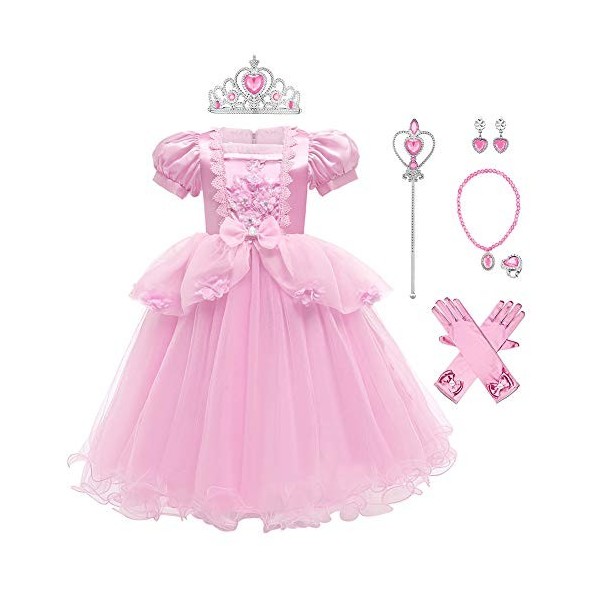 IWEMEK Filles Aurore Costume Princesse Robe Longue en tulle + Accessoires Ensemble La belle au bois dormant Cosplay Halloween
