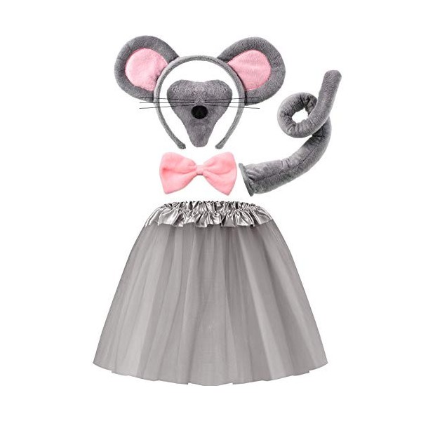 Geyoga Set de Déguisement de Souris pour Enfants Set de Jupe Tutu de Costume Nœud Papillon Queue Nez Oreilles de Souris Robe 