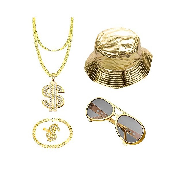 ZJRung Kit de Costume Hip Hop Lunettes de Soleil et Bagues de Rappeur Chapeau de Pêcheur Collier Dollar Bracelet Chaîne dor 
