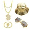 ZJRung Kit de Costume Hip Hop Lunettes de Soleil et Bagues de Rappeur Chapeau de Pêcheur Collier Dollar Bracelet Chaîne dor 