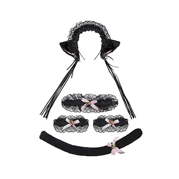 Faxianther Ensemble de Bandeau doreilles de Chat Gants Bracelet et Queue Oreille de Chat Serre-Tête pour Déguisement de Cosp