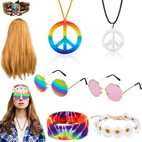 8 Pièces Ensemble de Costume Hippie, Hippie Perruque Déguisement Accessoires Kit Lunettes de Soleil Signe de Paix Collier Bra