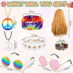 8 Pièces Ensemble de Costume Hippie, Hippie Perruque Déguisement Accessoires Kit Lunettes de Soleil Signe de Paix Collier Bra