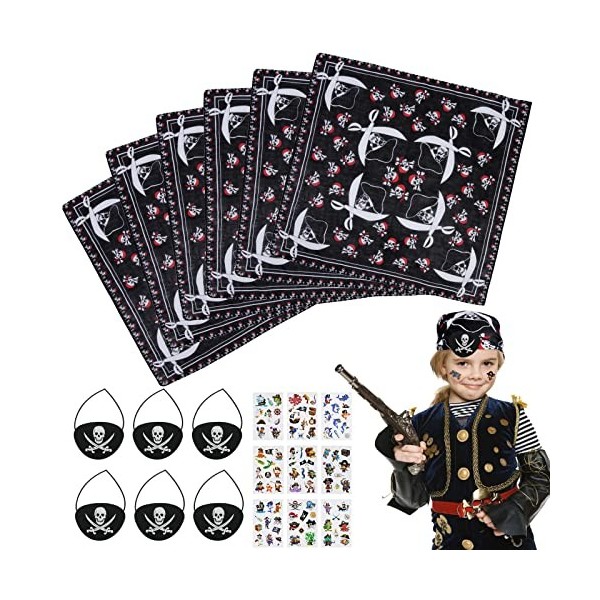 CHIFOOM 6 pièces Bandana de Pirate Enfant Accessoire Deguisement Pirate Enfant Pirate Eye Patch avec 12 Pirates Tatouages Mot