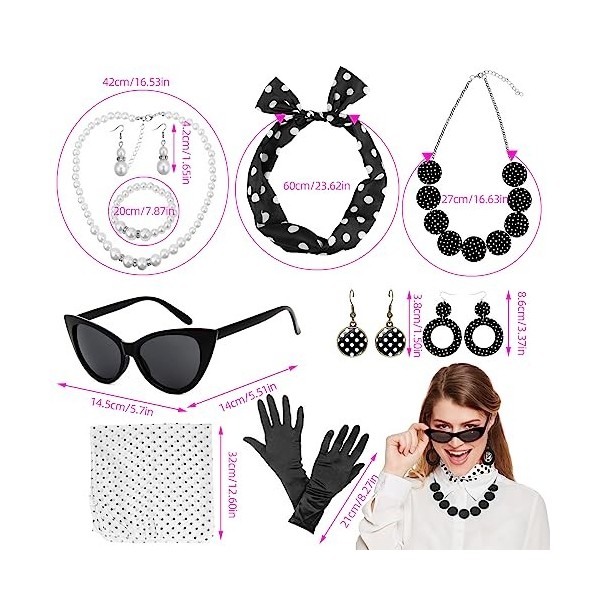 GUUFOO Années 50 Costume Accessoires, 7PCS costume années 50 femme Sets, Accessoires Vintage à Pois Avec Écharpe Gant Boucle 