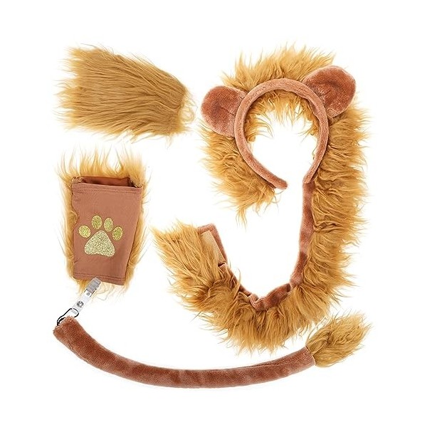 XEPST Ensemble de Costumes de Lion Animal, Bandeau Oreilles de Lion Queue et Patte pour Costume dAnimal Accessoires de Fête 